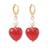 Red Glass Heart with Natural Pearl Dangle Leverback Earrings EJEW-TA00129-1