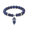 Natural Lapis Lazuli(Dyed) Round Beaded Stretch Bracelet with Bullet Charms BJEW-JB09018-01-1