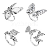 4Pcs 4 Style Rhinestone Butterfly Open Cuff Rings Set RJEW-FI0001-14-1