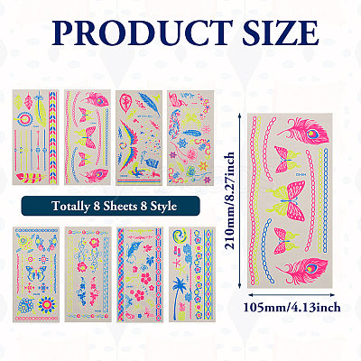 8 Sheets 8 Style Creative Fluorescent Arm Removable Temporary Tattoos Paper Stickers STIC-TA0002-02-1