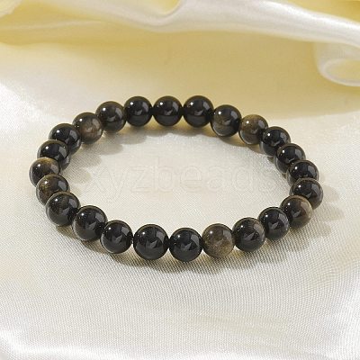 Natural Golden Sheen Obsidian Bead Stretch Bracelets BJEW-K212-B-020-1