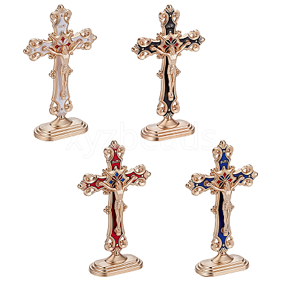 4Pcs 4 Colors Religion Alloy Enamel Crucifix Cross Statue Display Decorations DJEW-UN0001-09-1