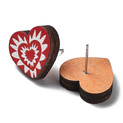 Valentine's Day Theme Printing Wood Stud Earrings for Women EJEW-B029-01-1