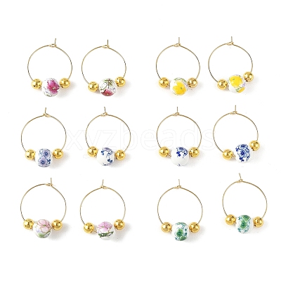 Handmade Flower Printed Porcelain Ceramic Earrings EJEW-JE07440-1