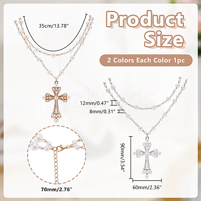 2Pcs 2 Colors Alloy and Imitation Pearl Cross Big Pendant Double-Layer Link Chain Necklaces for Women NJEW-AR0001-09-1