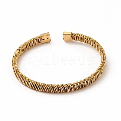 304 Stainless Steel Flat Mesh Chain Shape Open Cuff Bangle for Women BJEW-C033-09-1