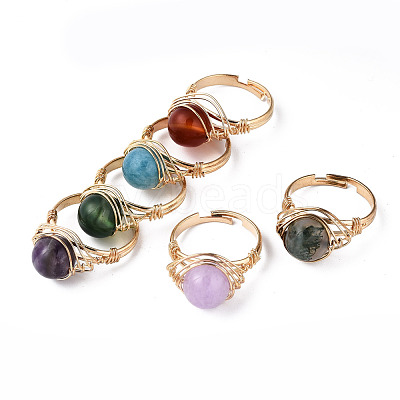 Adjustable Natural & Synthetic Gemstone Round Finger Rings RJEW-T020-01KC-1