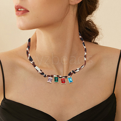 Alloy with Colorful Glass Pendant Polyester Collar Knot Tie Necklaces for Women NJEW-SP0001-17B-1