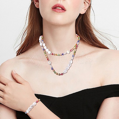 3Pcs Natural Shell & Plastic Pearl Flower & Glass Beaded Necklaces and Stretch Bracelet Set SJEW-SW00010-05-1