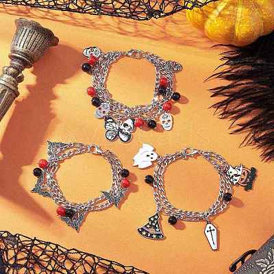 3Pcs 3 Styles Halloween Theme 304 Stainless Steel Figaro Chains Multi-strand Bracelets BJEW-JB12094-1