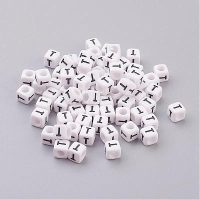 Letter T White Letter Acrylic Cube Beads X-PL37C9308-T-1