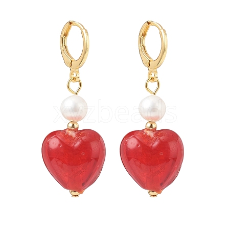 Red Glass Heart with Natural Pearl Dangle Leverback Earrings EJEW-TA00129-1