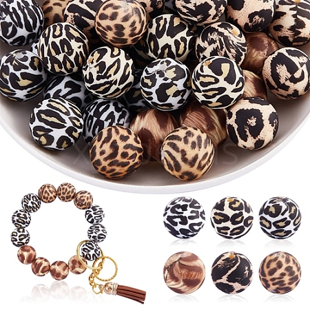 60 Pcs 15mm Silicone Beads Loose Silicone Beads Kit Leopard Print Silicone Beads for Keychain Making Bracelet Necklace JX309A-1