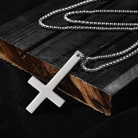 304 Stainless Steel Inverted Cross Pendant Box Chain Necklaces NJEW-NH0001-07P-1