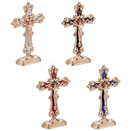 4Pcs 4 Colors Religion Alloy Enamel Crucifix Cross Statue Display Decorations DJEW-UN0001-09-1