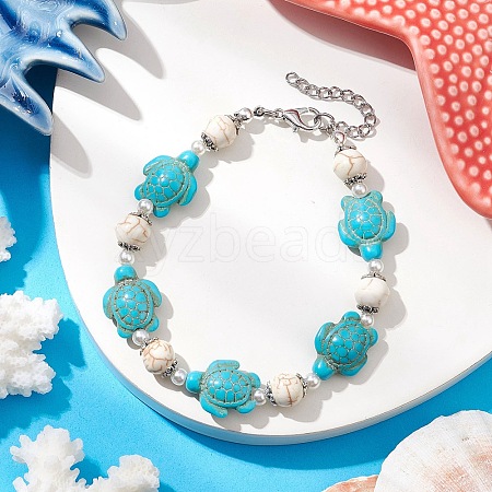 Synthetic Turquoise & Plastic Pearl Beads Link Bracelets for Women BJEW-JB11278-01-1