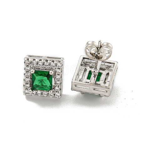 Square Brass Micro Pave Clear Cubic Zirconia Stud Earrings EJEW-G387-03P-1