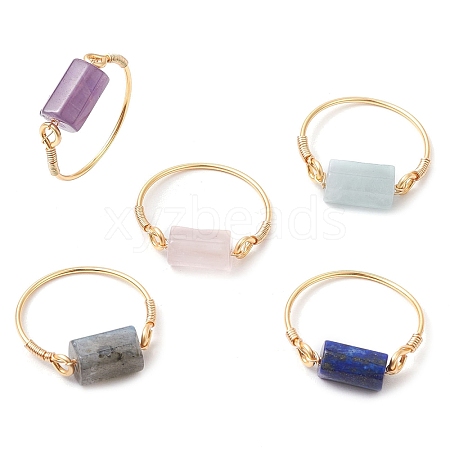 Column Natural Aquamarine & Rose Quartz & Lapis Lazuli & Labradorite & Amethyst Finger Rings RJEW-JR00817-1