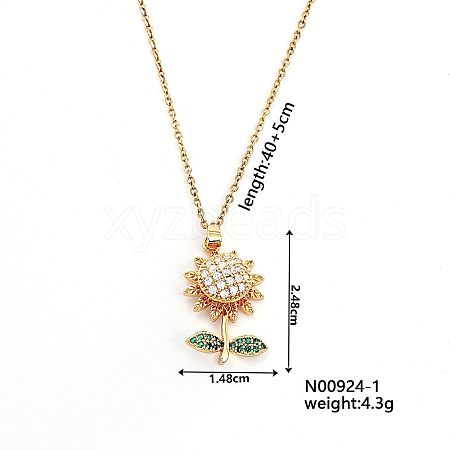 Brass Pave Clear & Green Cubic Zirconia Rotating Sunflower Pendant Necklaces Hip-hop Style Cable Chain Necklaces WQ9697-1-1