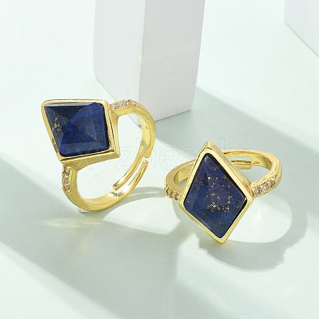 Rhombus Natural Lapis Lazuli Finger Rings RJEW-B113-01G-02-1