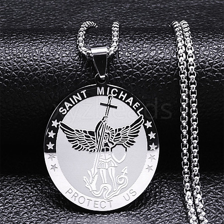 304 Stainless Steel Archangel Saint Michael Medal Pendant Box Chain Necklaces for Women NJEW-S440-01P-1