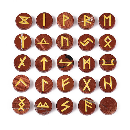 Brass Elder Futhark Alphabet Engraved Symbol Flat Round Natural Red Jasper Rune Stones G-I373-01C-1