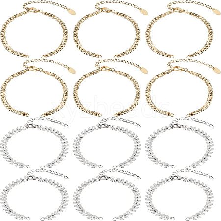  12Pcs 2 Style 304 Stainless Steel  Chain & Brass Cable Chain Bracelet Making AJEW-NB0003-26-1