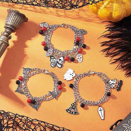 3Pcs 3 Styles Halloween Theme 304 Stainless Steel Figaro Chains Multi-strand Bracelets BJEW-JB12094-1