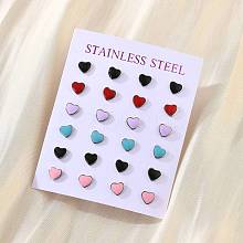 Enamel Heart Stud Earrings EJEW-B009-12P