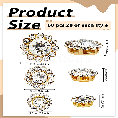 60Pcs 3 Styles Flower Alloy Glass Sew on Rhinestone FIND-LP0008-08-1