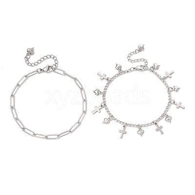 304 Stainless Steel Paperclip & Figaro Chain Bracelets for Women BJEW-JB12445-01-1