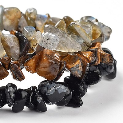 Chips Natural Labradorite & Snowflake Obsidian & Tiger Eye Beaded Stretch Bracelets Sets BJEW-JB05332-05-1
