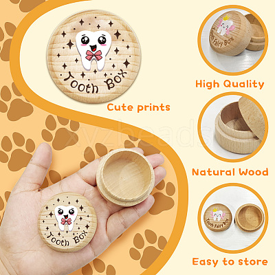 Round Beech Wooden 3D Engraved My First Tooth Box CON-WH0120-004-1