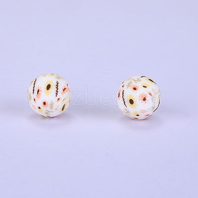 Printed Round with Sunflower Pattern Silicone Focal Beads SI-JX0056A-210-1