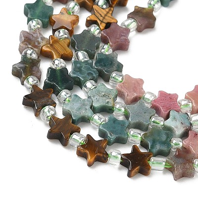 5 Styles Synthetic Malachite & Natural Rhodonite & HuBei Turquoise & Tiger Eye & Indian Agate Beads Strands G-D095-A07-1