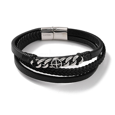 Men's Braided Black PU Leather Cord Multi-Strand Bracelets BJEW-K243-04AS-1