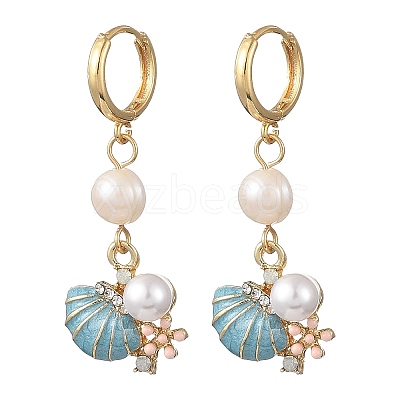 Natural Cultured Freshwater Pearl & Brass Enamel Hoop Dangle Earrings for Women EJEW-JE07268-02-1