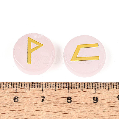 Brass Elder Futhark Alphabet Engraved Symbol Flat Round Natural Rose Quartz Rune Stones G-I373-01G-1
