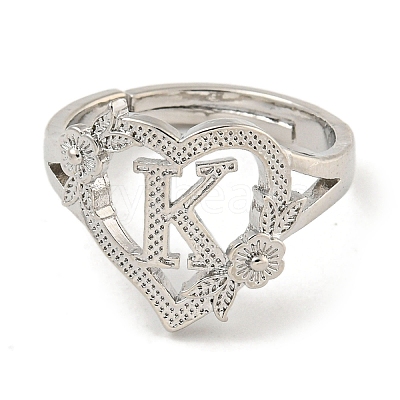 Heart with Letter & Flower Rack Plating Brass Adjustable Rings for Women RJEW-I105-05P-K-1