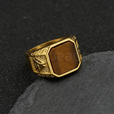 304 Stainless Steel with Natural Tiger Eye Finger Rings FS-WG06E27-03-1