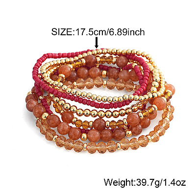 7Pcs 7 Styles Round Glass Seed Beads & Brass & Natural Sunstone & Citrine & Morganite Beads Stretch Bracelets for Women UX1023-1-1