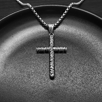 Religion 304 Stainless Steel Floral Cross Pendant Necklaces WGDCBE2-01-1