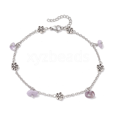 5Pcs 5 Styles Natural & Synthetic Gemstone Chip Tassel Alloy Link Anklets AJEW-AN00696-1