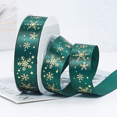 22M Flat Christmas Snowflake Printed Polyester Satin Ribbons XMAS-PW0001-183O-1