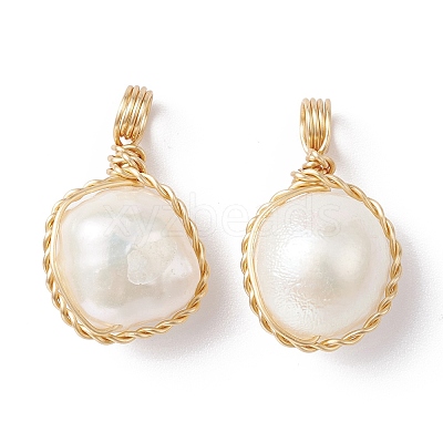 Natural Cultured Freshwater Pearl Copper Wire Wrapped Pendants PALLOY-JF02201-01-1