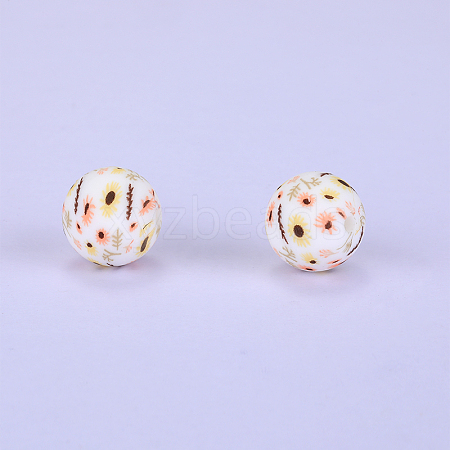 Printed Round with Sunflower Pattern Silicone Focal Beads SI-JX0056A-210-1