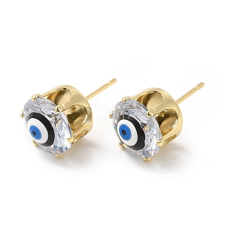 Flat Round Glass with Enamel Evil Eye Stud Earrings EJEW-P210-04G-08-1