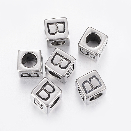 304 Stainless Steel Large Hole Letter European Beads LS-STAS-H428-01AS-B-1
