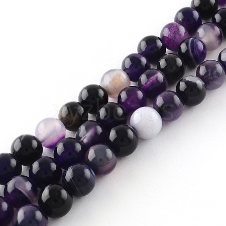 Dyed Natural Striped Agate/Banded Agate Round Bead Strands G-R342-4mm-03-1