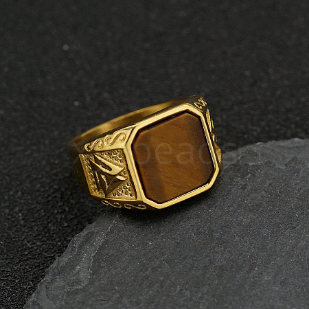 304 Stainless Steel with Natural Tiger Eye Finger Rings FS-WG06E27-03-1